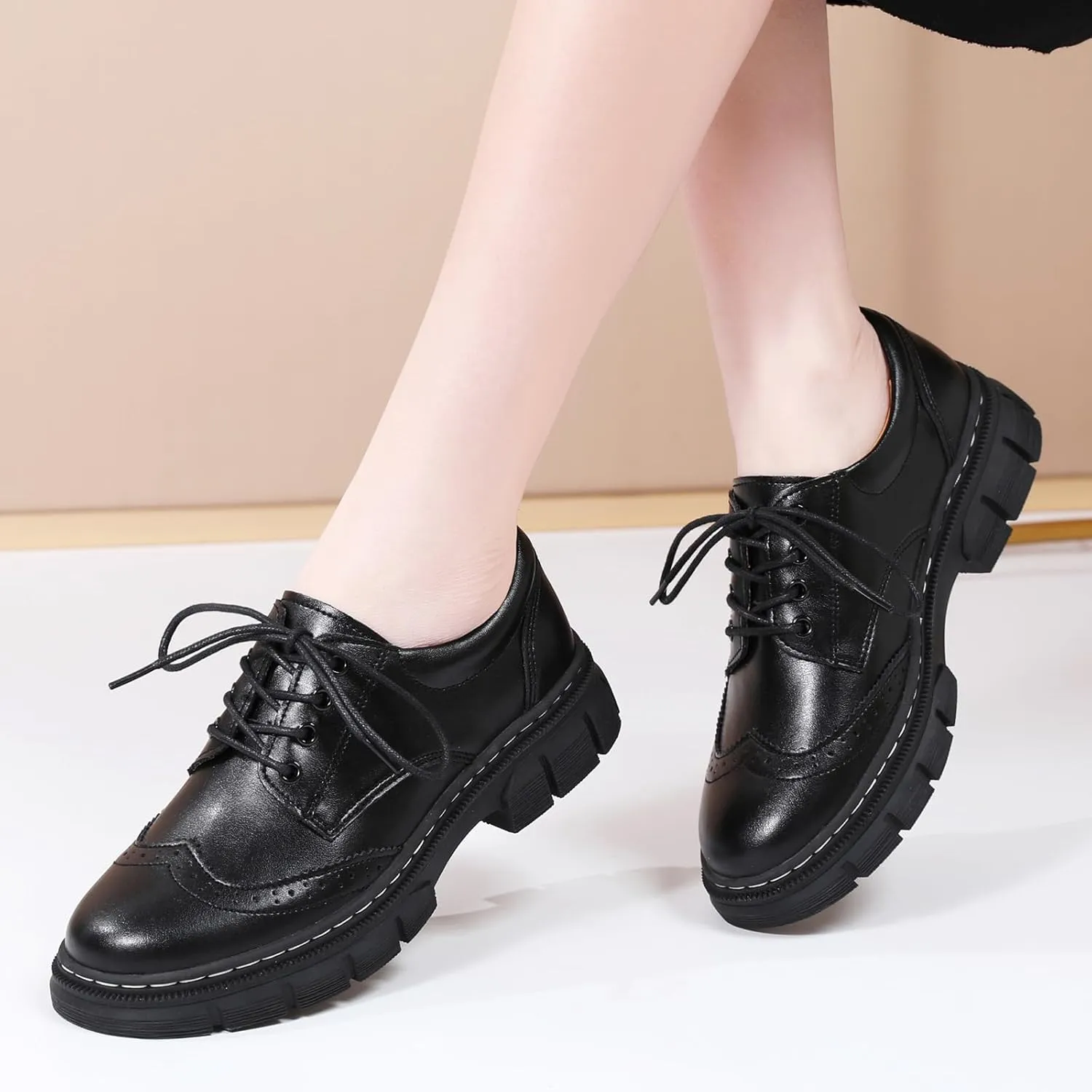 Womens Oxford Shoes Platform Classic Leather Non Slip Dressy Shoes Brogues Style Chunky Comfortable Business Shoes for Work Casual Office