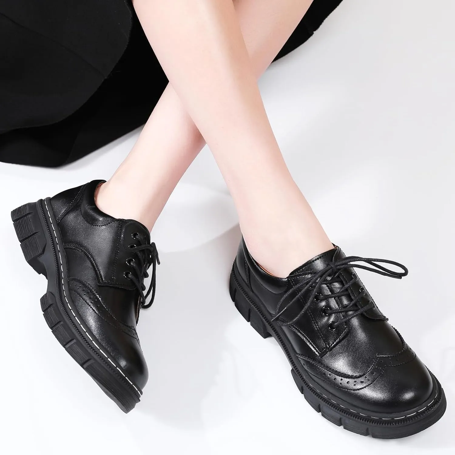Womens Oxford Shoes Platform Classic Leather Non Slip Dressy Shoes Brogues Style Chunky Comfortable Business Shoes for Work Casual Office