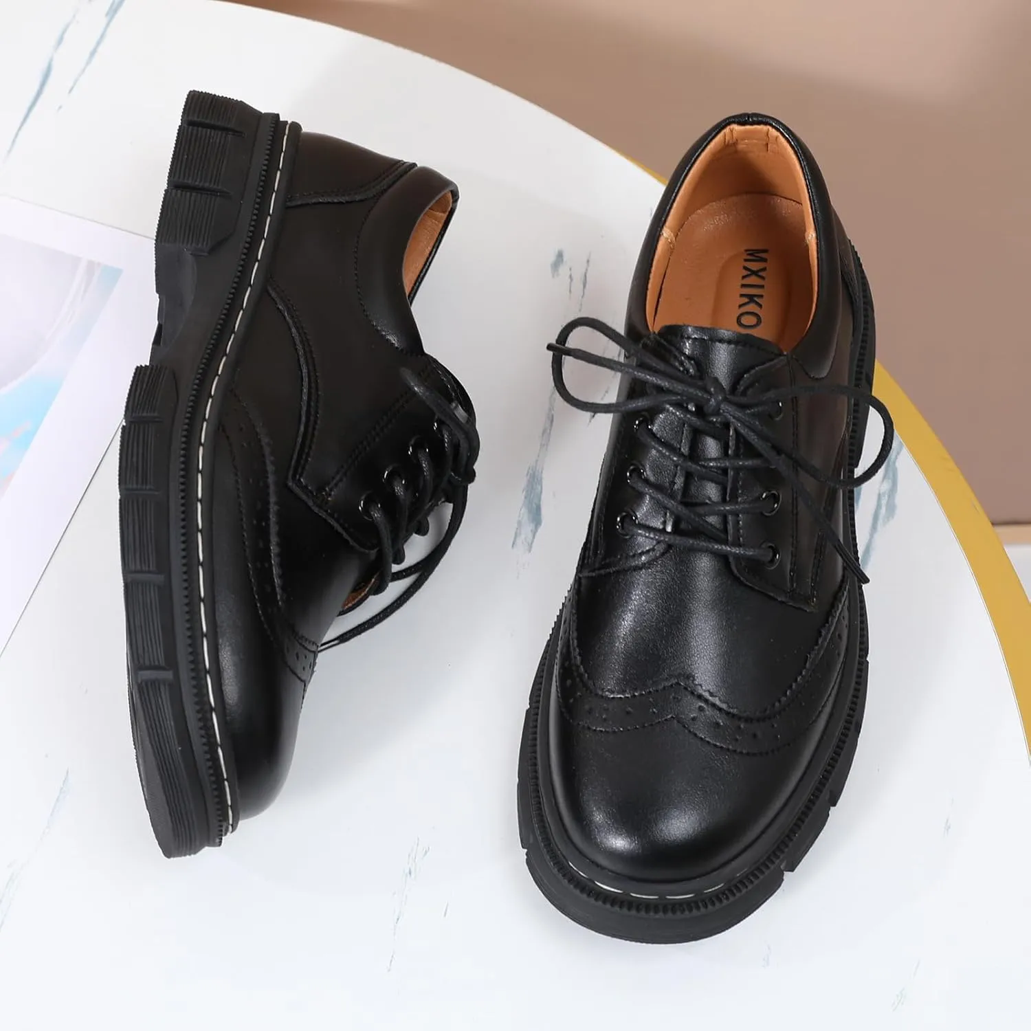 Womens Oxford Shoes Platform Classic Leather Non Slip Dressy Shoes Brogues Style Chunky Comfortable Business Shoes for Work Casual Office